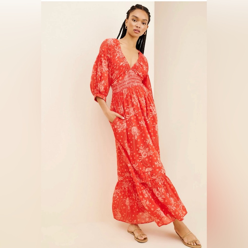 NWT Free People Golden Hour Maxi Peasant Dress 3/4 Sleeves M
